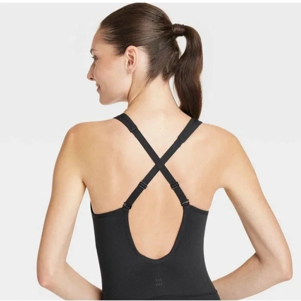 All In Motion Women's M Black Seamless Bodysuit With Built-In Shelf Bra a2435